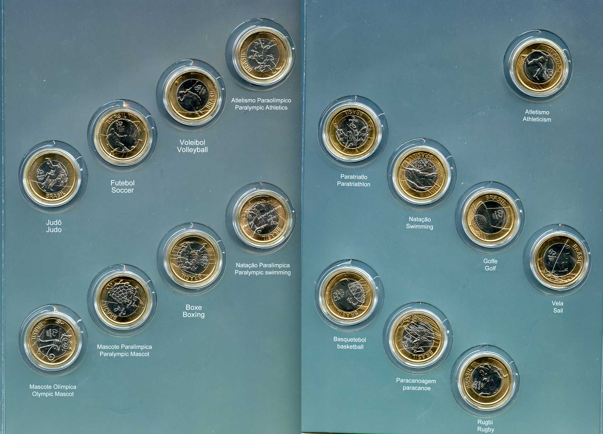 Бразилия набор из 16 монет 2015-2016 XXXI Олимпийские игры 2016 года, в Рио-де-Жанейро, в оригинальном блистере  биметалл  UNC  3-6-6-26