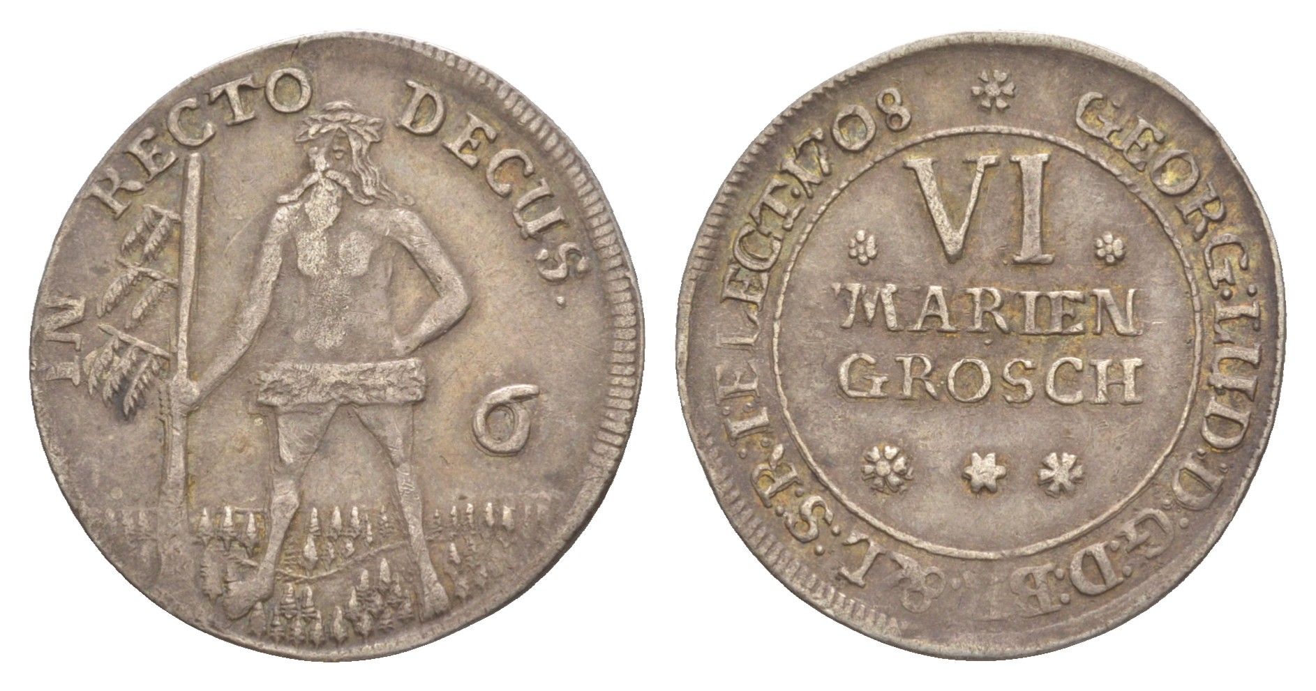 Брауншвейг-Каленберг-Ганновер 6 мариенгрошей 1708 дикарь, Георг I (1698-1727), из коллекции Ричарда Б. Смита KM 11, Welter 2179 серебро 1525-423