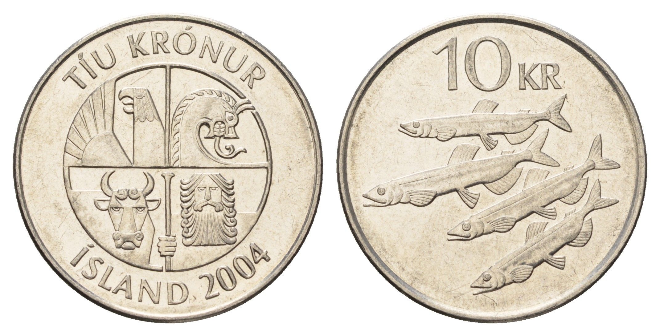 Исландия 10 крон 2004 рыбы KM 29.1a сталь плакированная никелем 4691-247