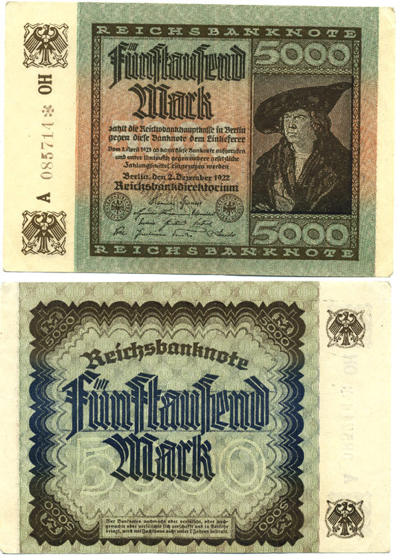 ГЕРМАНИЯ 5000 МАРОК 1922 2 ДЕКАБРЯ 1922, ВОДЯНОЙ ЗНАК G, ДЮРЕР Pick 81b бумага 7147-28-2