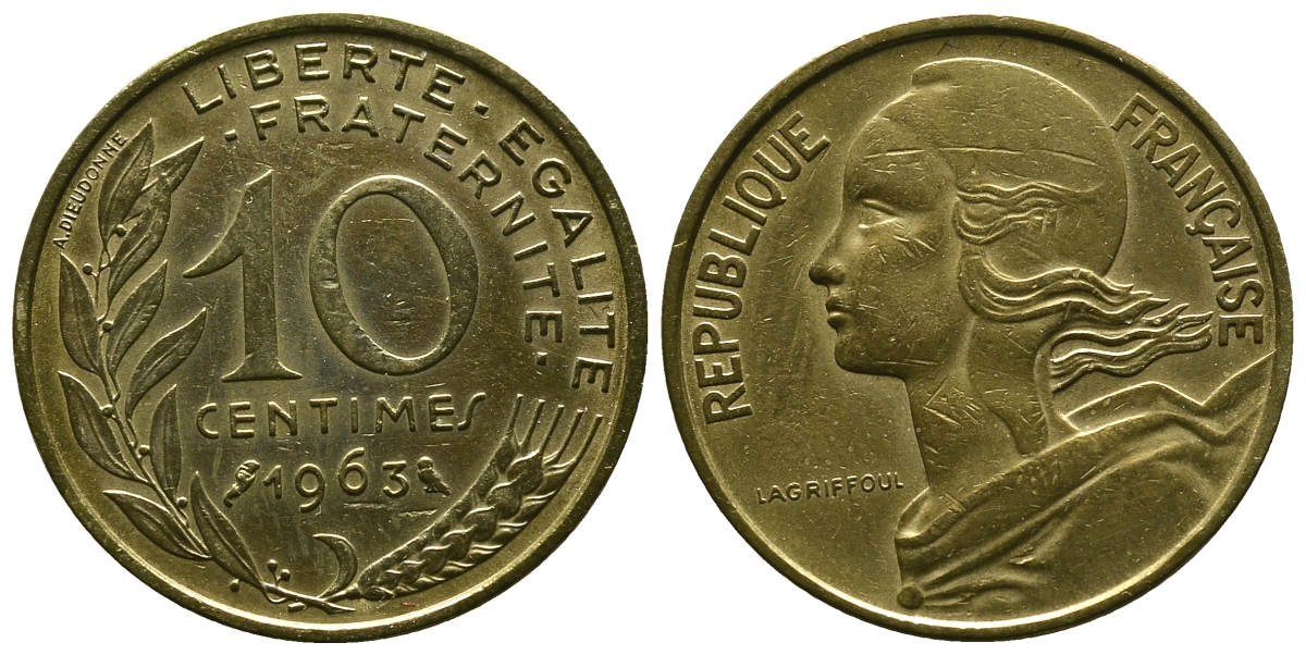 ФРАНЦИЯ 10 САНТИМОВ 1963 ТИП MARIANE KM 929, LE FRANC 144.3 алюминиевая бронза 4381-624
