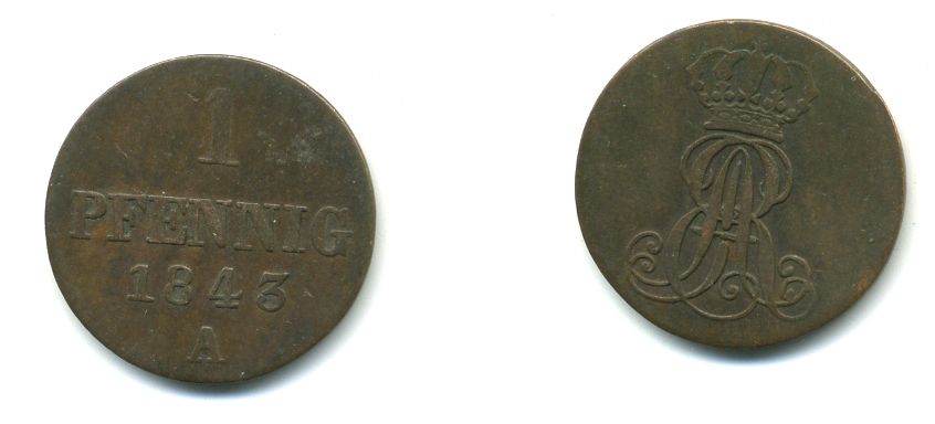 Ганновер 1 пфенниг 1845 A, Эрнст Август (1837-1851) KM 173.1, AKS 126, J. 54 медь 35-724