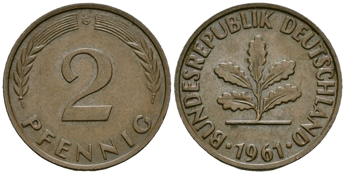ФРГ 2 пфеннига 1961 G KM 106 бронза 4173-1138