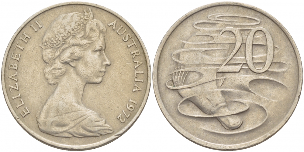 Австралия 20 центов 1972 Елизавета II (1952-2022), утконос KM 66 медно-никель 215-842