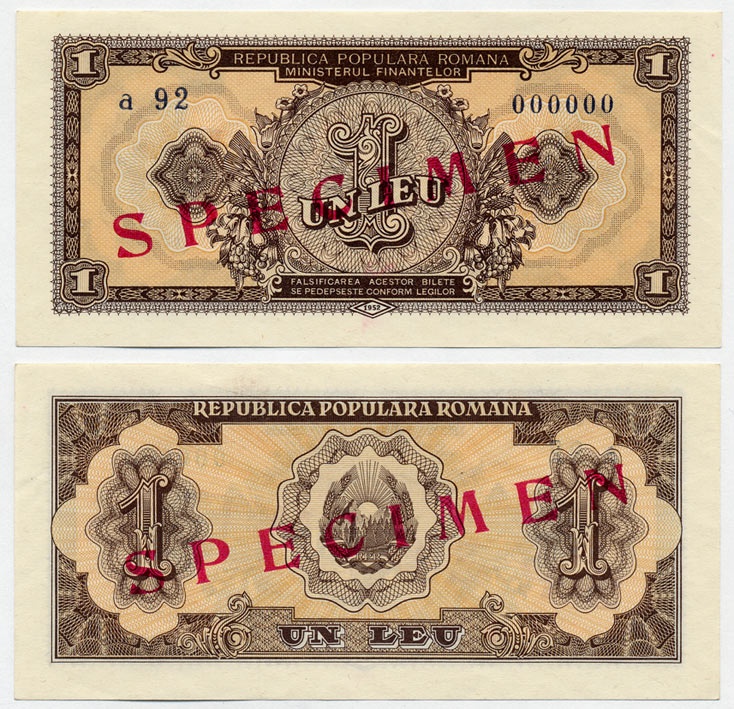 Румыния 1 лей 1952 Pick 81 образец, SPECIMEN бумага aUNC 451-321-2