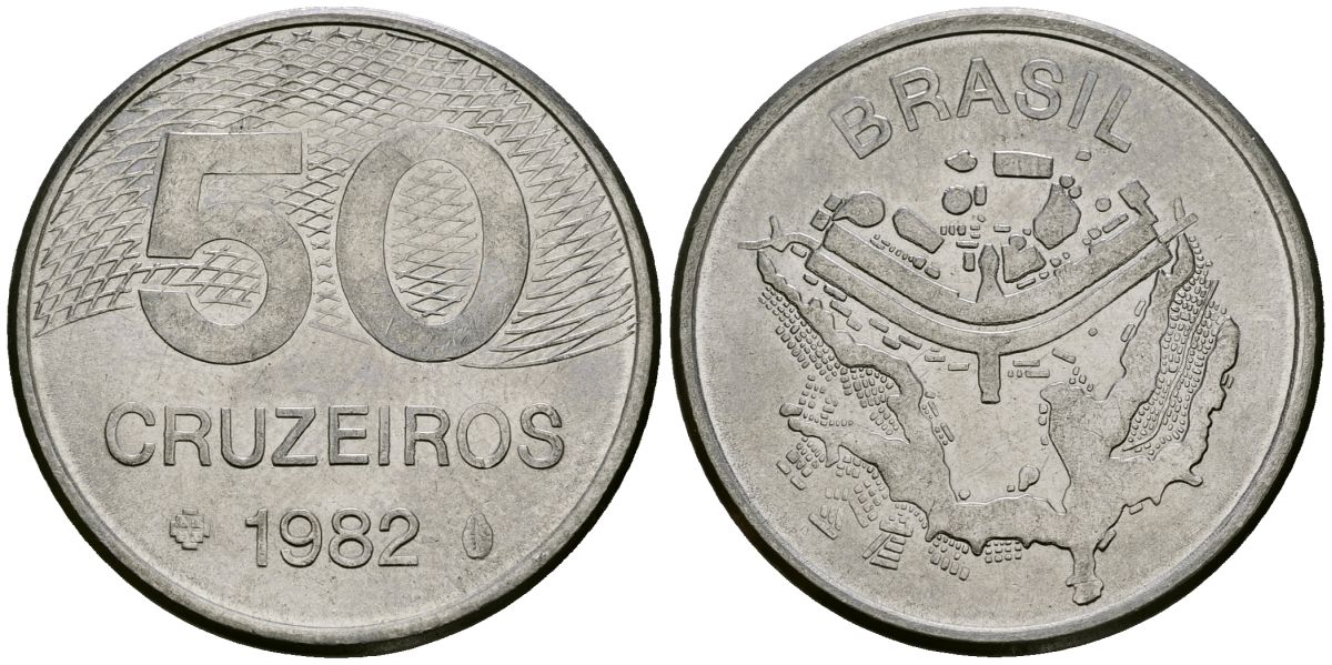 Бразилия 50 крузейро 1982 карта города Бразилиа KM 594.1 нержавеющая сталь 4120-1025