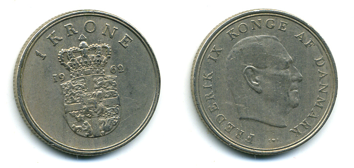 ДАНИЯ 1 КРОНА 1962 C; S, ФРЕДЕРИК IX (1947-1972) KM 851.1 медно-никель 56-325