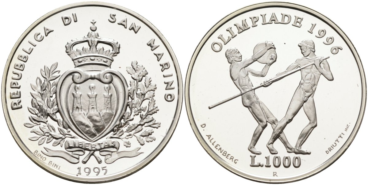 Сан-Марино 1000 лир 1995 XXVI летние Олимпийские игры в Атланте 1996 года, копьеметатель и дискобол KM 332 серебро PROOF 1096-4-13