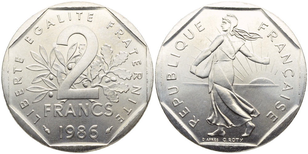 Франция 2 франка 1986 сеятель, тираж 15000 экземпляров KM 942.1, LE FRANC 272.10 никель UNC 1526-1343