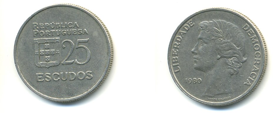 Португалия 25 эскудо 1980 первый год KM 607 a медно-никель 54-2341