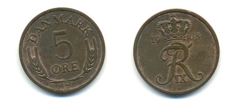 ДАНИЯ 5 ЭРЕ 1968 C; S, ФРЕДЕРИК IX (1947-1972) KM 848.1 бронза 80-337