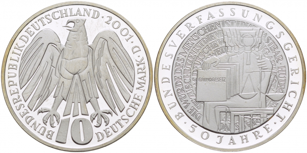 ФРГ 10 марок 2001 В, 50 лет Федерального Конституционного суда Германии KM 206 серебро PROOF 1087-4-22