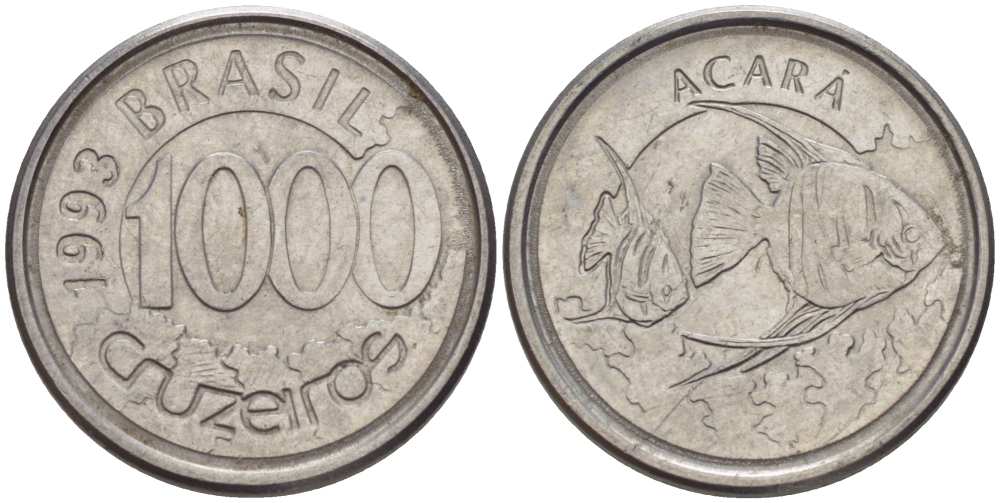 Бразилия 1000 крузейро 1993 реформа 1990-1993, рыбка Акара KM 626 нержавеющая сталь 26-1065