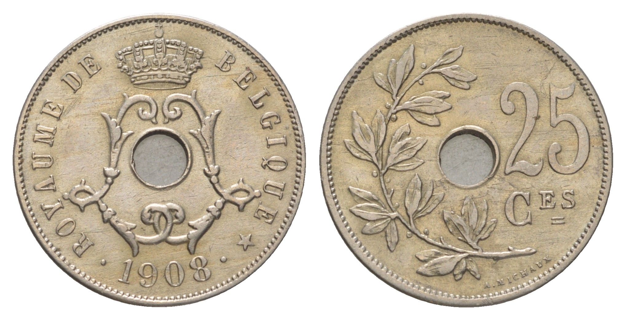 Бельгия 25 сантимов 1908 Belgique, Леопольд II (1865-1909) KM 62 медно-никель aUNC 3896-532