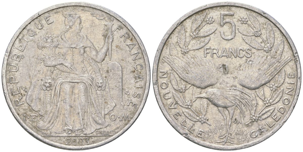 Французская Новая Каледония 5 франков 2003 птица кагу, (IEOM) KM 16, Schoen 12, Lec 81h алюминий 189-1026