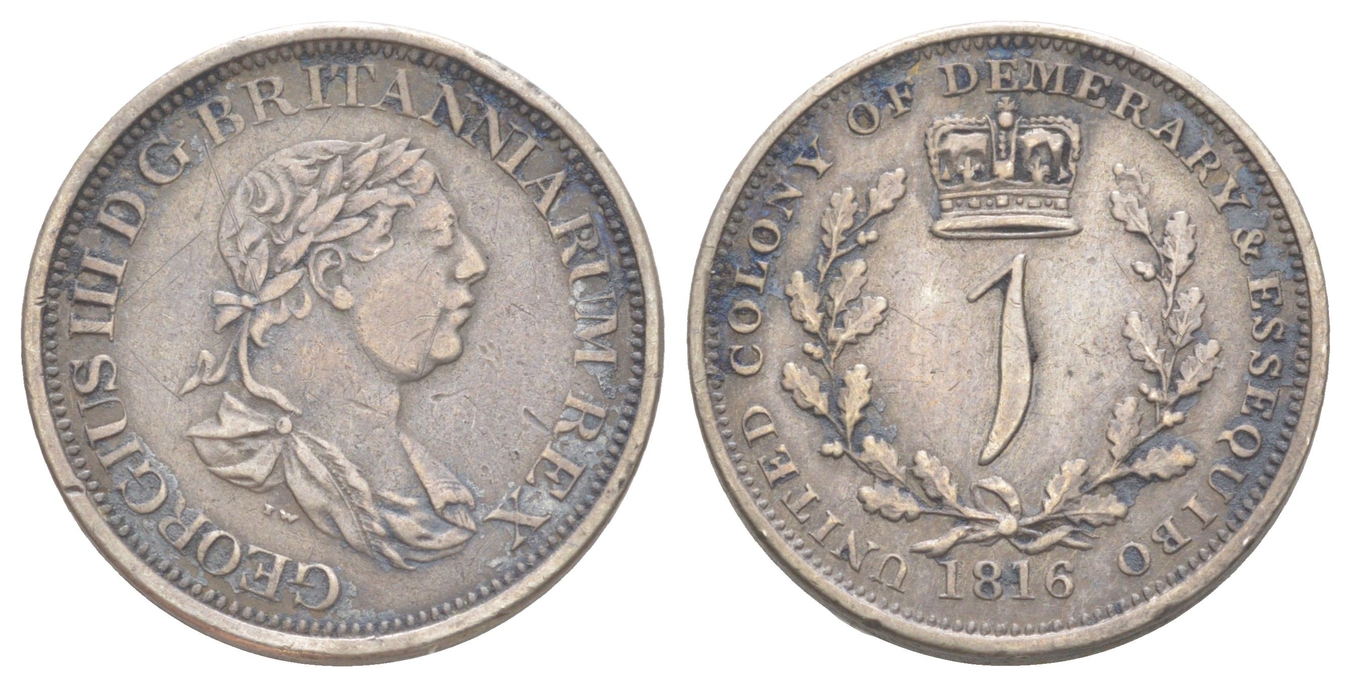 Демерара и Эссекибо 1 гульден 1816 Георг III (1760-1820) KM 13 серебро 00-903-02