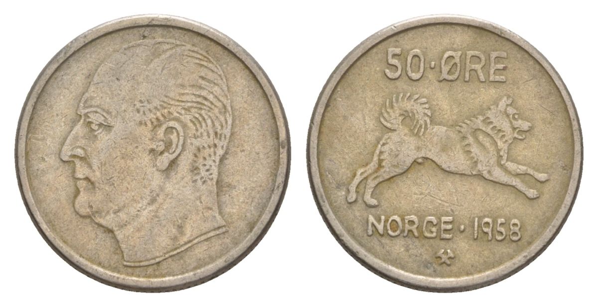 Норвегия 50 эре 1958 Улаф V (1957-1991) KM 408 медно-никель 4635-423