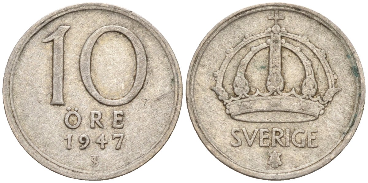 Швеция 10 эре 1947 TS, Густав V (1907-1950) KM 813 серебро 4147-852