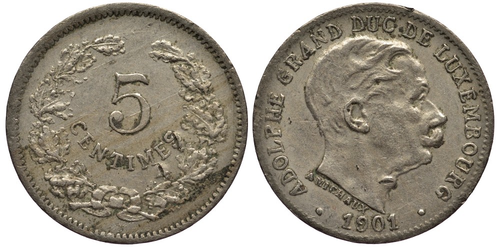 Люксембург 5 сантимов 1901 герцог Адольф (1890-1905) KM 24 медно-никель 4528-313