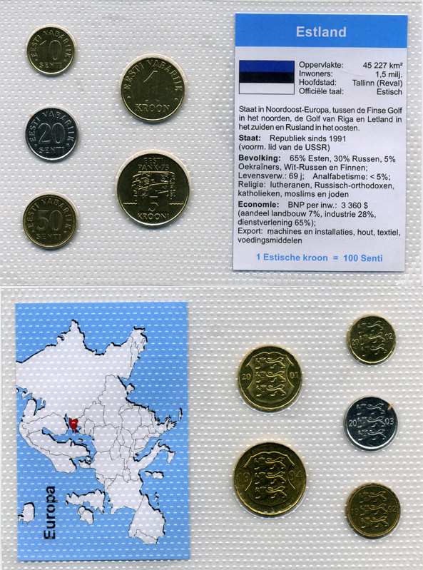 Эстония набор из 5 монет 1994-2002 10, 20, 50 центов, 1, 5 крон, в целлофановой запайке KM UNC 5-6-3-59