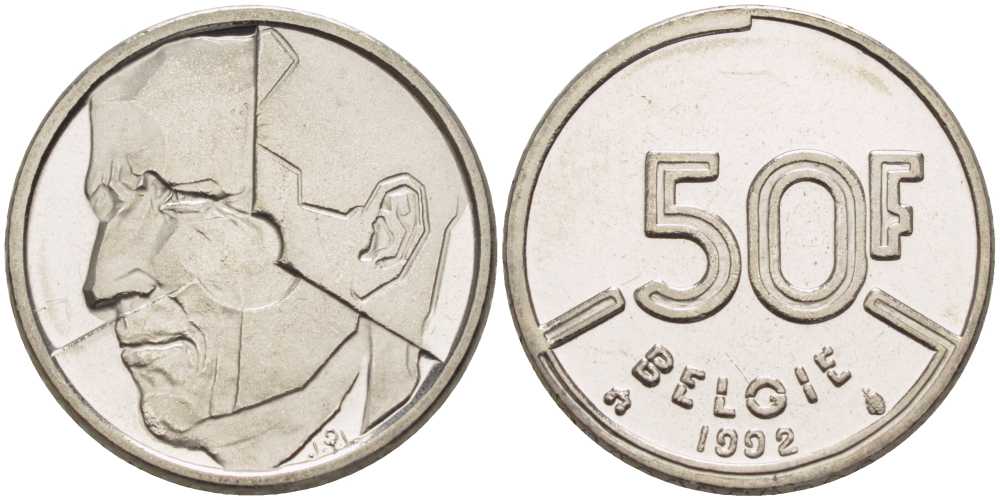 БЕЛЬГИЯ 50 ФРАНКОВ 1992 BELGIE, БОДУЭН I (1951-1993) KM 169 никель 4388-1034