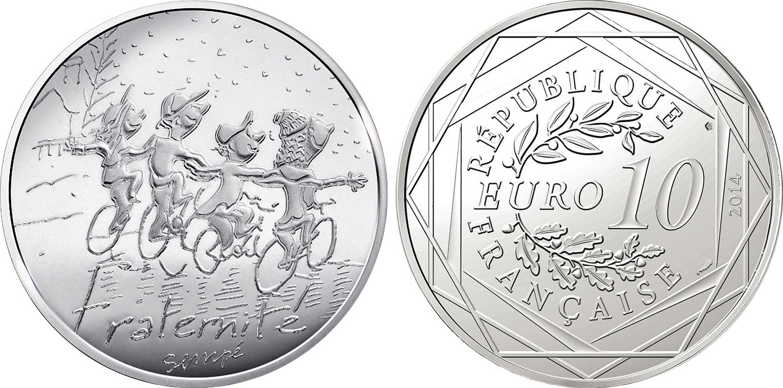 Франция 10 евро 2014 карикатуры Жан-Жака Сампе, зима-братство, дети шарфах на велосипедах, в оригинальном буклете KM NEW серебро UNC 1-4-3-07