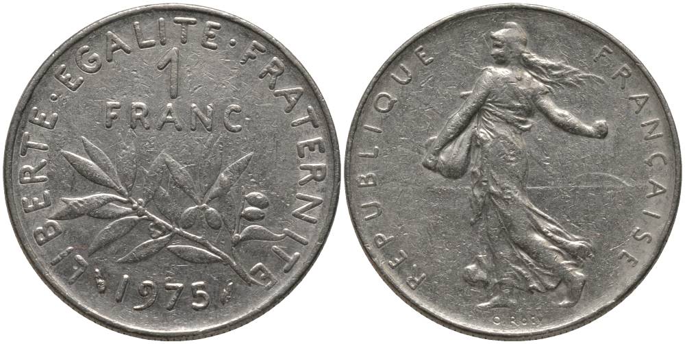 ФРАНЦИЯ 1 ФРАНК 1975 СЕЯТЕЛЬ KM 925.1 никель 181-435