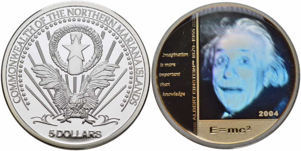 Северные Марианские острова 5 долларов 2004 Альберт Эйнштейн, формула, голограмма KM X5 серебро PROOF 11-154-12
