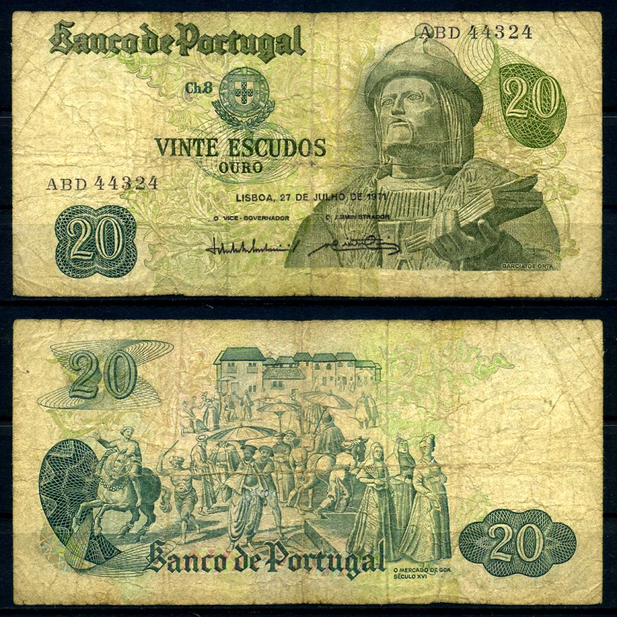 Португалия 20 эскудо 1971 27 июля 1971, Гарсия Де Орта, signatures: Jos? da Silva Lopes & Abel Ant?nio Pinto dos Reis Pick 173(3) бумага 7204-3-2-2