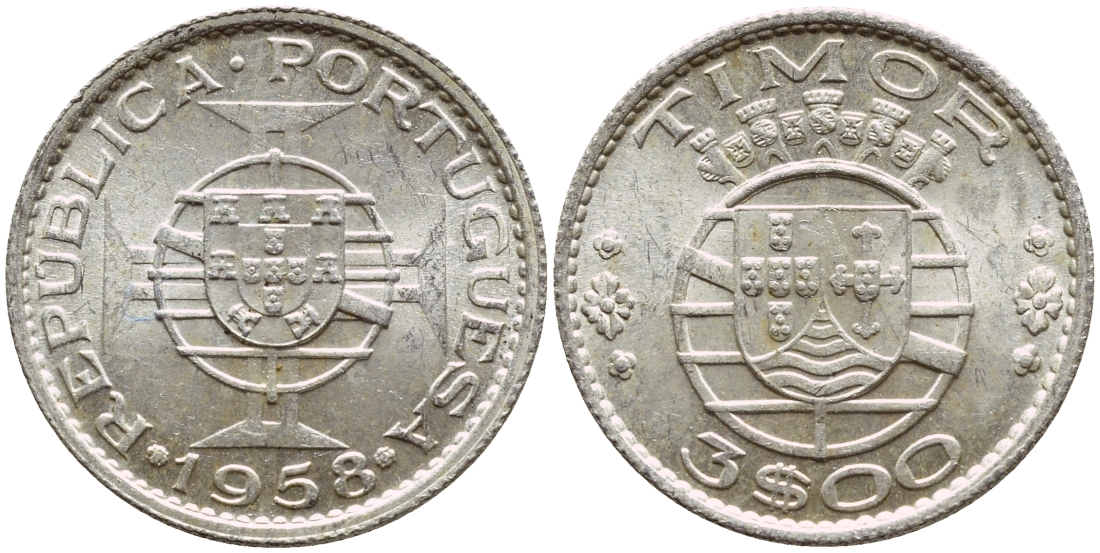 Португальский Тимор 3 эскудо 1958 год тип KM 14 серебро aUNC 80-816