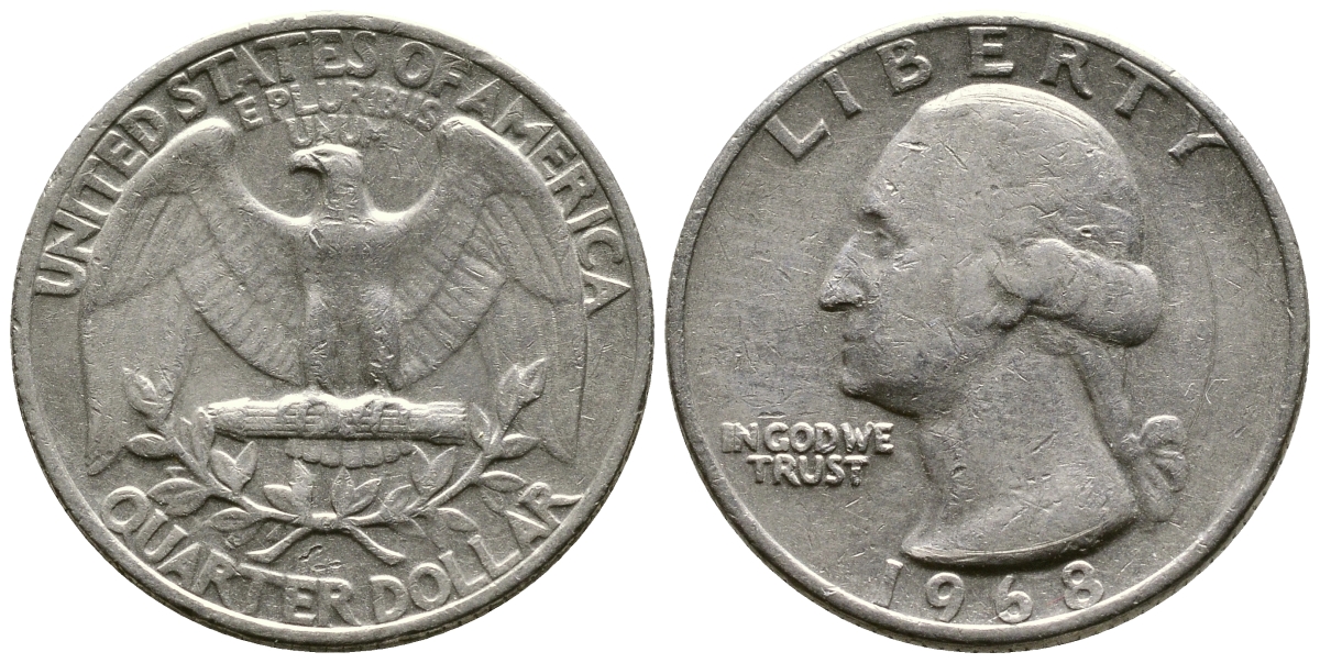 США 25 центов (квотер) 1968 Вашингтон KM 164а медь плакированная медно-никелем 57-355