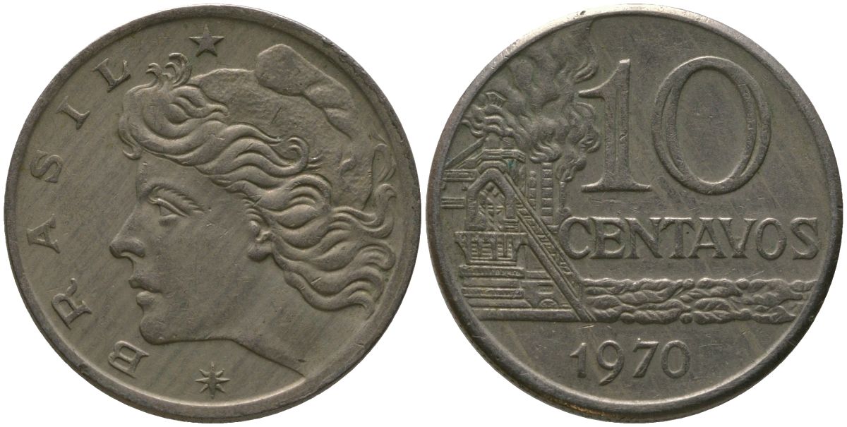Бразилия 10 сентаво 1970 KM 578.2, Schon 83a нержавеющая сталь 4577-535