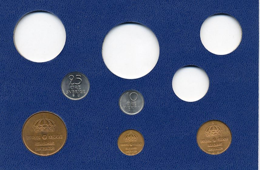 Швеция 1, 2, 5, 10, 25 эре 1971 Густав VI Адольф (1950-1973) в картоне набора монетного двора UNC 7-5-7-255