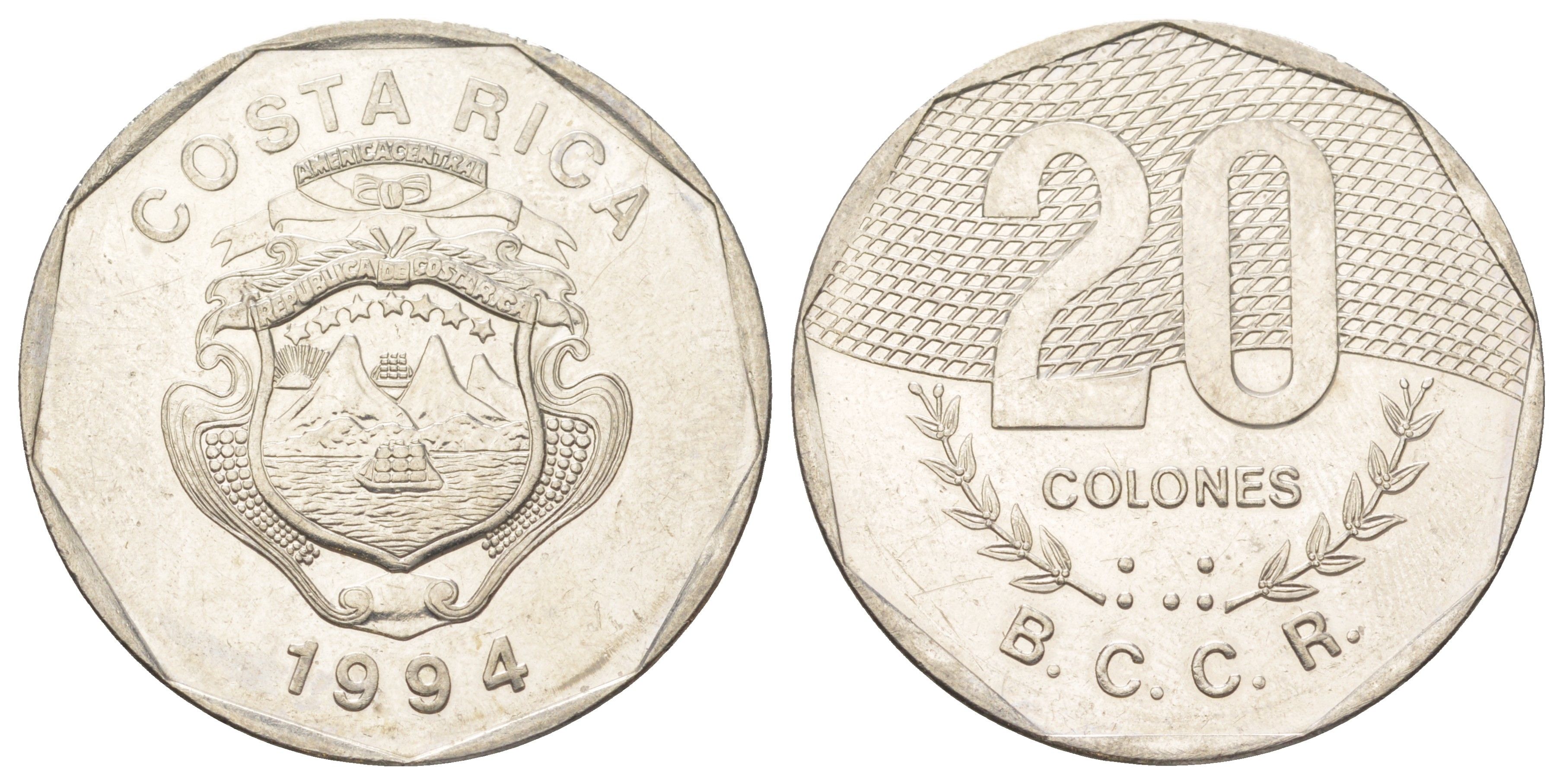 Коста-Рика 20 колонов 1994 KM 216.3 нержавеющая сталь UNC 4587-1231