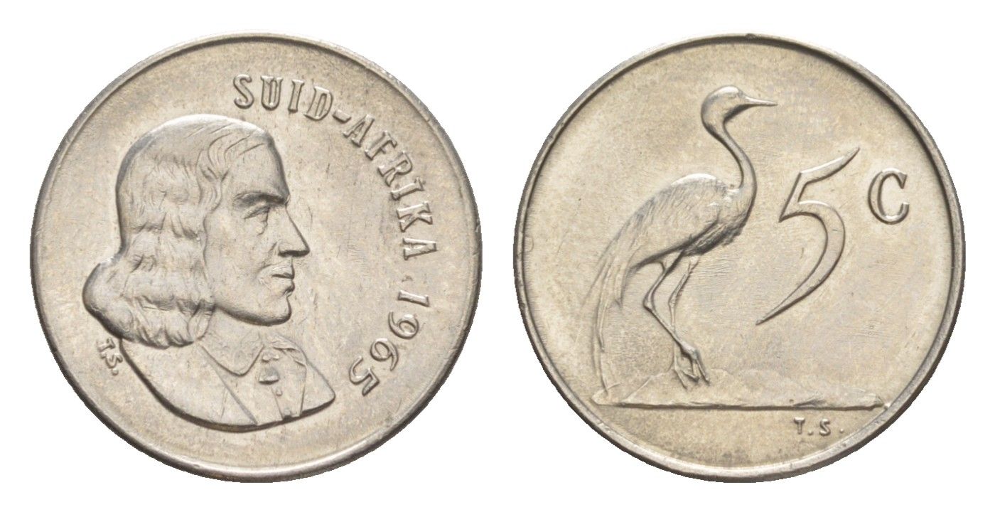 ЮАР 5 центов 1965 Ян ван Рибек (1619-1677), Suid Africa, легенда на африкаанс, райский журавль KM 67.2 никель UNC 4621-238
