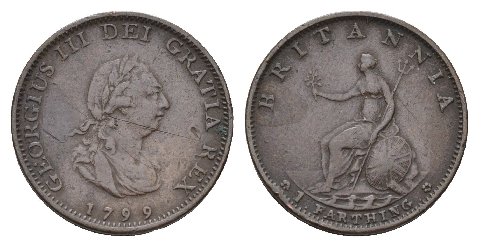 Великобритания 1 фартинг 1799 Георг III (1760-1820) KM 646, Spink 3779 медь 603-1323