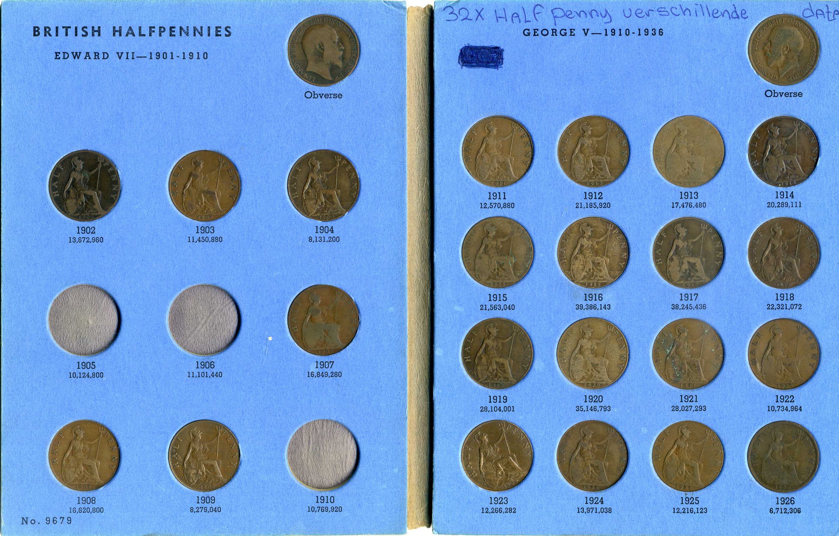 Великобритания набор (погодовка) из 34 монет (номиналом в 1/2 пенни) 1902-1936 Первые британские короли Виндзорской (Саксен-Кобург-Готской) династии - Эдуард VII (1901-1910) и Георг V (1910-1936) Отсутствуют 3 монеты - 1905, 1906 и 1910 года бронза 7-4-64