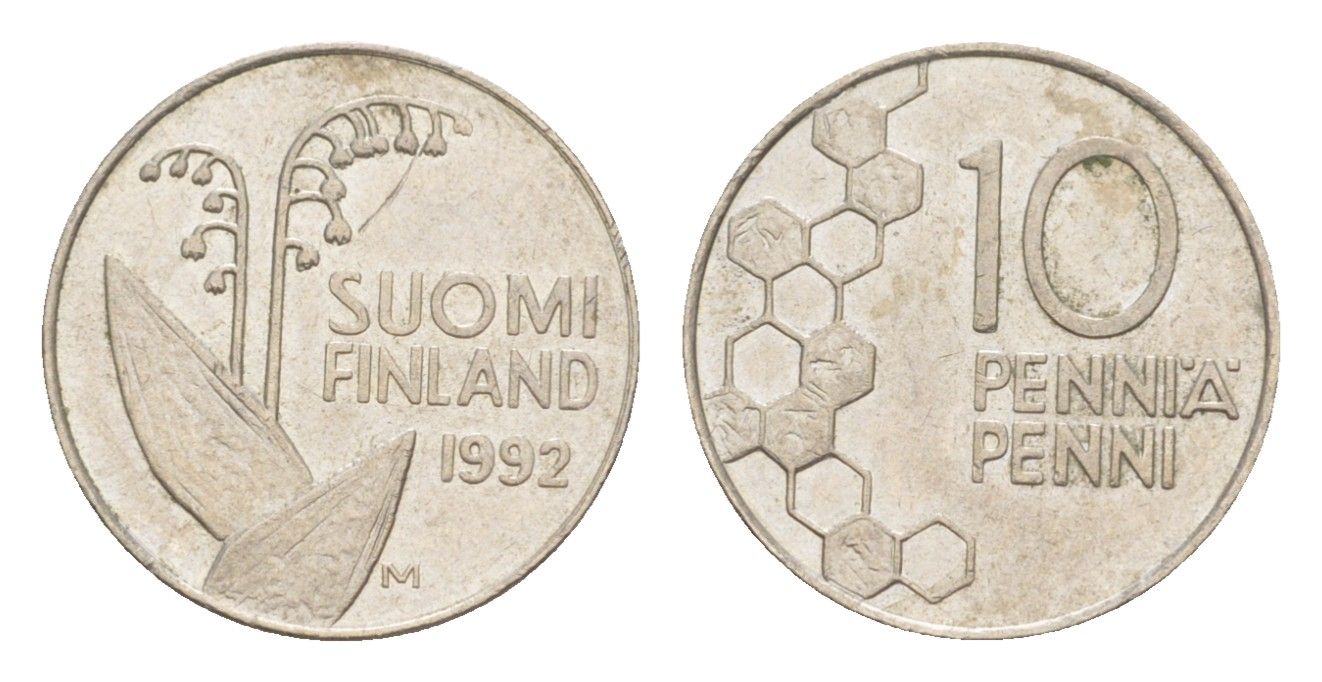 Финляндия 10 пенни 1992 KM 65 медно-никель 4647-353