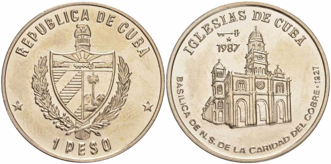 Куба 1 песо 1987 серия церкви Кубы, Базилика Нуэстра-Сеньора-дель-Кобре KM 150 медно-никель UNC 1526-832 M35-21