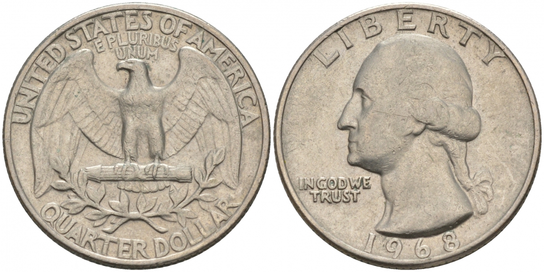 США 25 центов (квотер) 1968 Вашингтон KM 164a медь плакированная медно-никелем 73-322