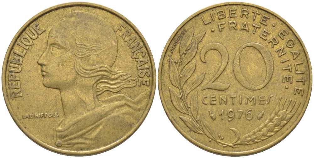 ФРАНЦИЯ 20 САНТИМОВ 1976 ТИП MARIANNE KM 930, LE FRANC 156.16 медь алюминий никель 175-841