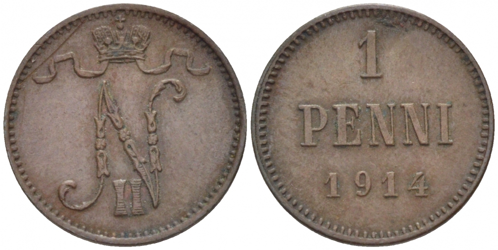 Россия для Финляндии 1 пенни 1914 Николай II (1894-1917) KM 13, Биткин 474 медь 4396-1411