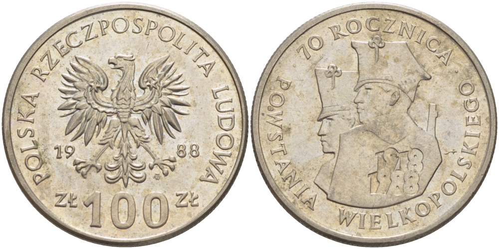 ПОЛЬША 100 ЗЛОТЫХ 1988 MW, 70 ЛЕТ ВЕЛИКОПОЛЬСКОГО ВОССТАНИЯ KM 182 медно-никель 4517-843