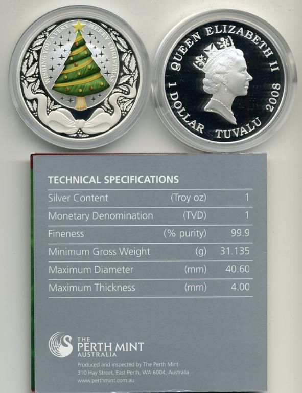 ТУВАЛУ 1 ДОЛЛАР 2008 РОЖДЕСТВО PROOF серебро эмаль Ш2