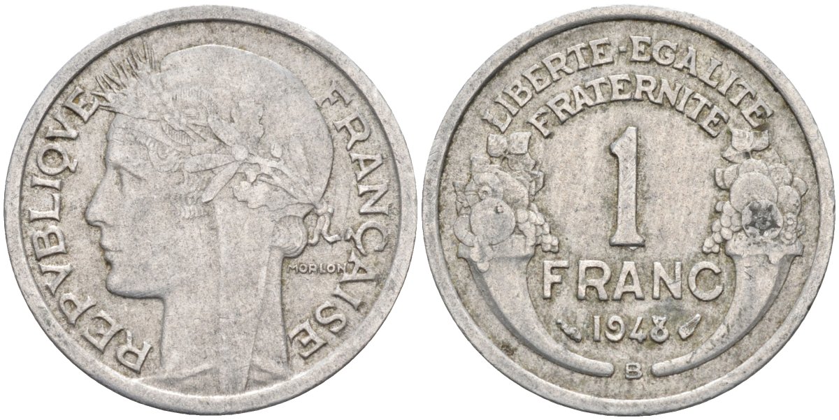 Франция 1 франк 1948 В, мондвор Бомон-ле-Роже KM 885а.2, Le Franc 221.14 алюминий 4591-1057