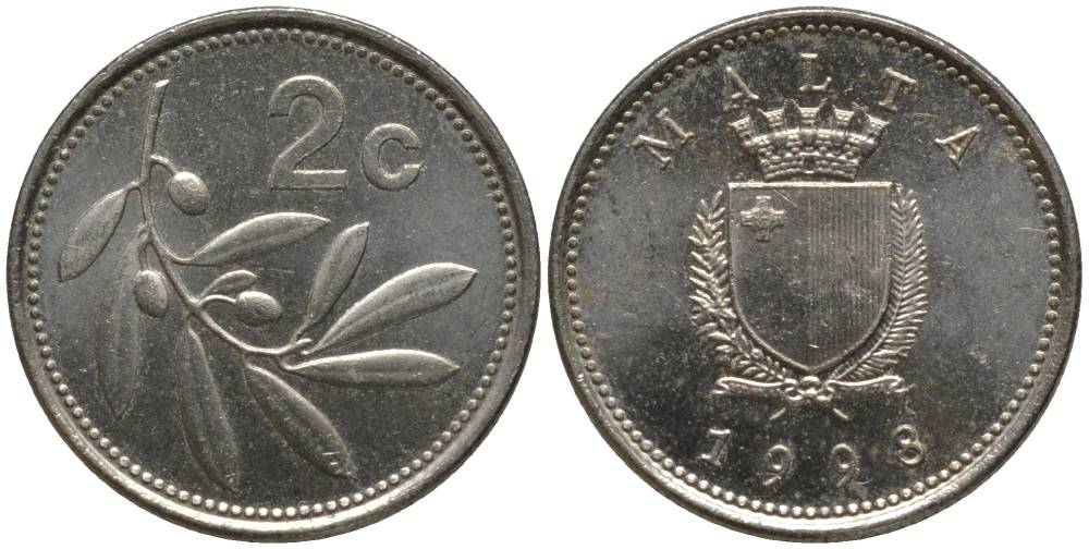 Мальта 2 цента 1998 оливковая ветвь KM 94 медно-никель 218-342