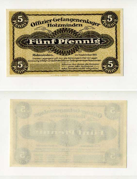 Германия 5 пфеннигов 1917 Хольцминден (Брауншвейг), лагерь военнопленных офицеров C-3130, Tieste 385.02 бумага UNC (пресс) 504-67-3-1
