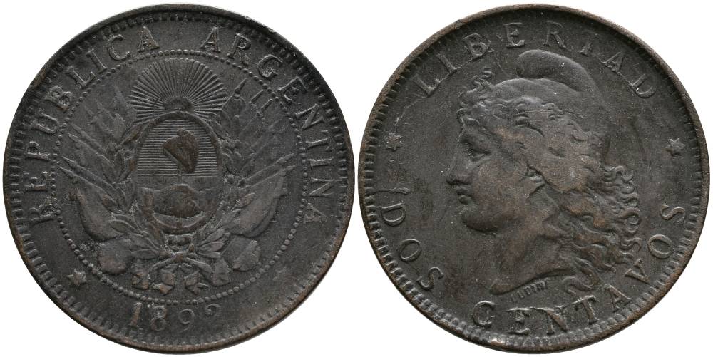 Аргентина 2 сентаво 1892 голова свободы влево KM 8 бронза 4531-1116