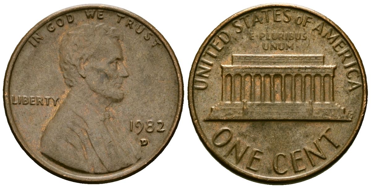 США 1 цент 1982 D, Линкольн KM 201 медь цинк 4136-222
