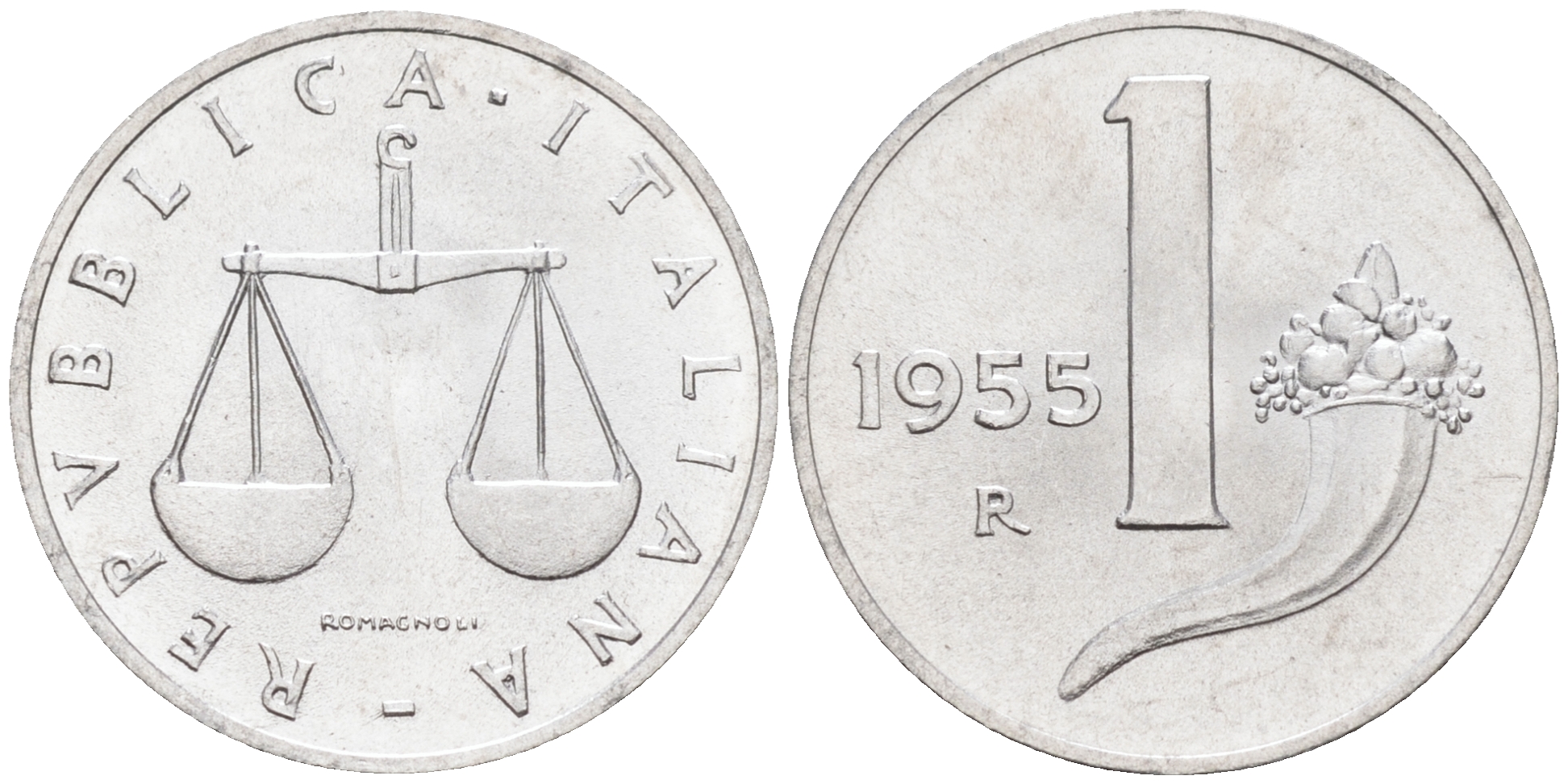 Италия 1 лира 1955 R, весы KM 91 алюминий  UNC  4594-625